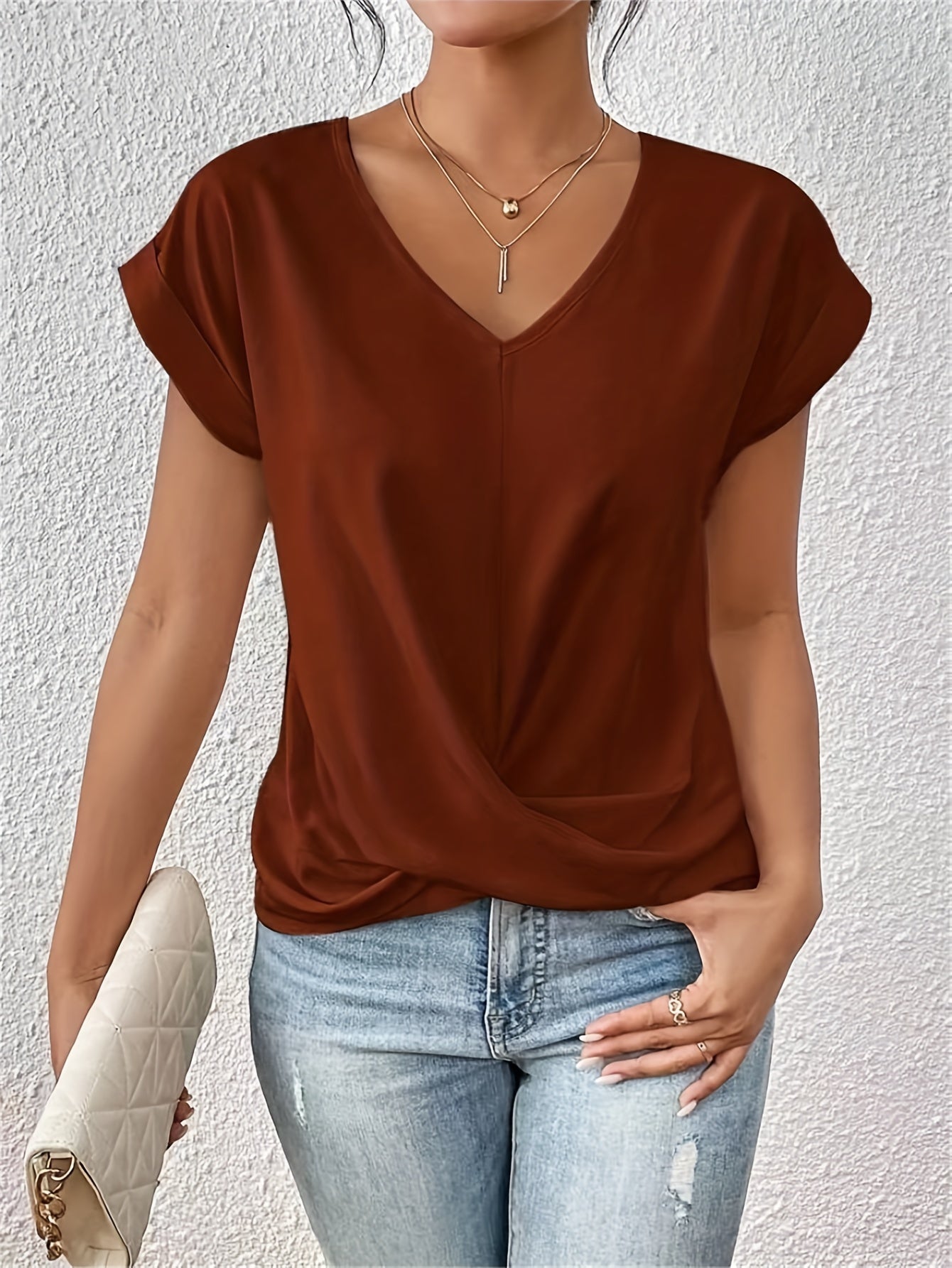 Blusa con escote en V y drapeado cruzado para mujer – NARELIA