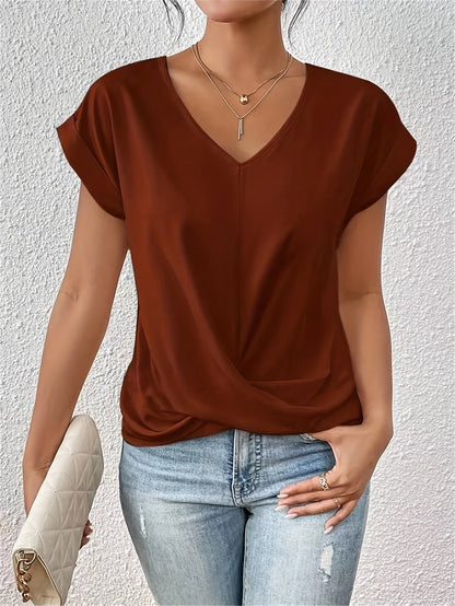 Blusa con escote en V y drapeado cruzado para mujer – NARELIA