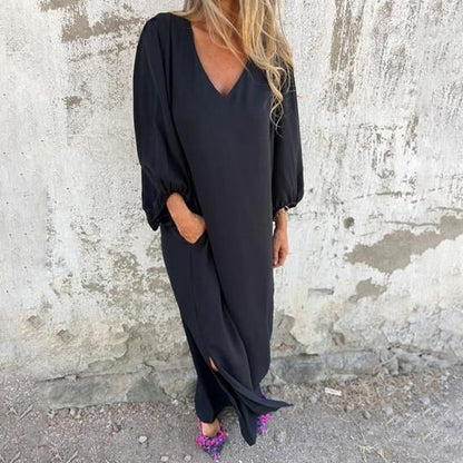 Vestido largo fluido con escote en V y mangas abullonadas – ODESSA