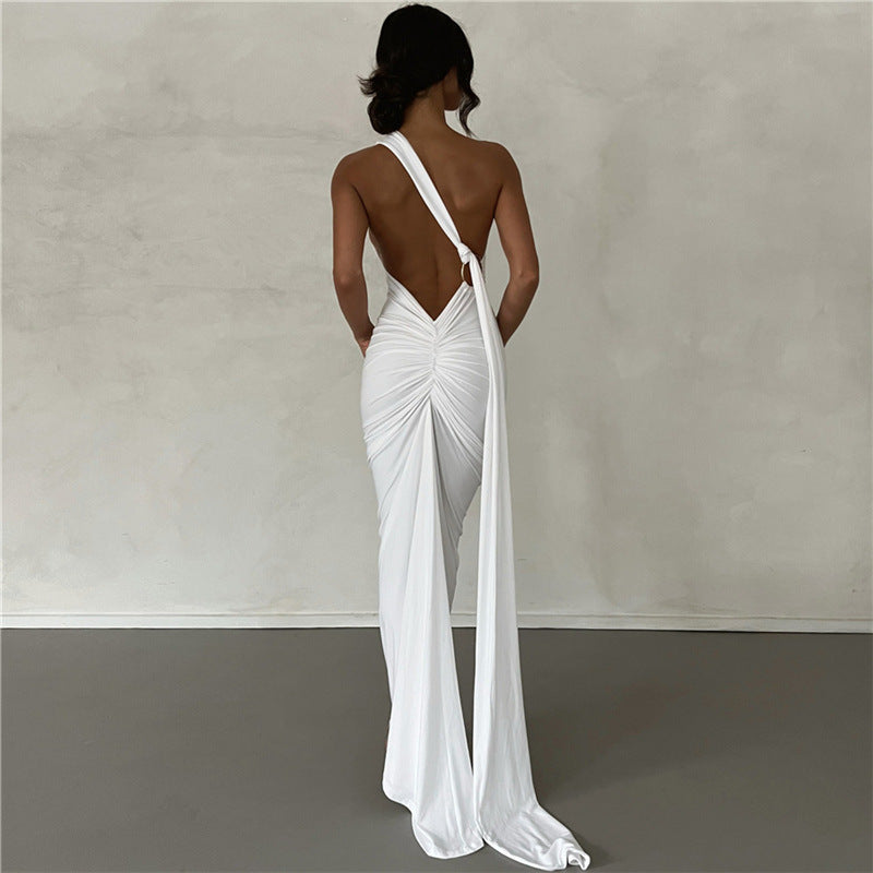 Eula - Vestido Elegante Largo Con Espalda Descubierta Ajustado Fruncido de Fiesta Boda Primavera Verano 2024 Para Mujer Blanco