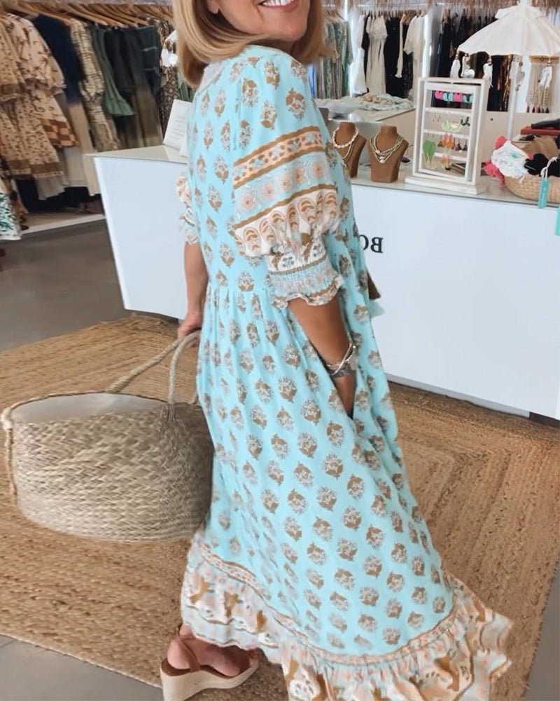 FIORELLA – Vestido midi bohemio con estampado y lazos de flecos para mujer
