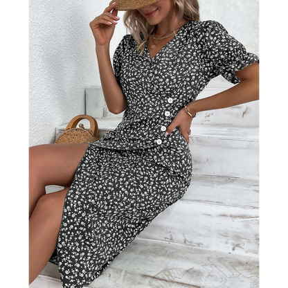 Vestido cruzado elegante con escote en V y lazo en la cintura – FLORELLA