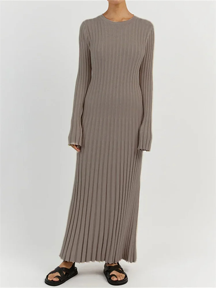 NEUS - Vestido largo ajustado de punto con diseño plisado y tela elástica para mujer