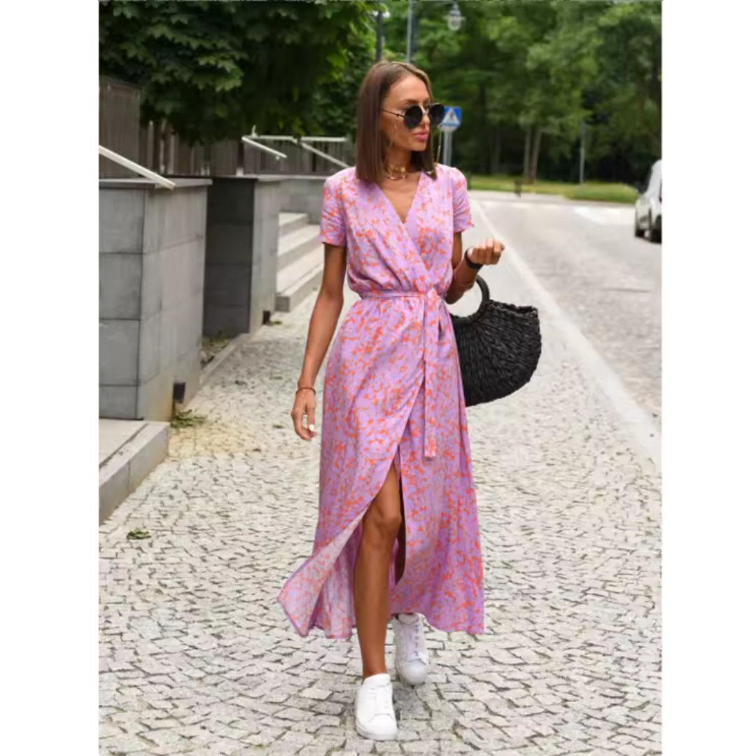 Vestido cruzado elegante con silueta fluida y estampado – VALERÍA