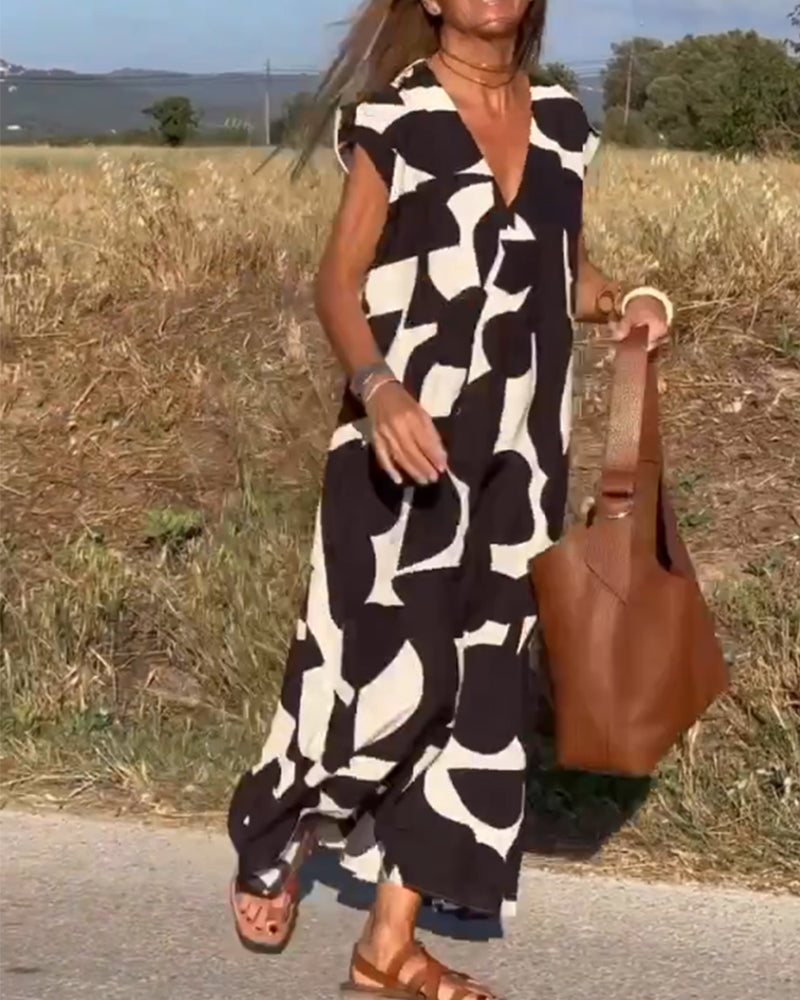 Vestido amplio con estampado gráfico y escote en V para mujer – MAËRYS