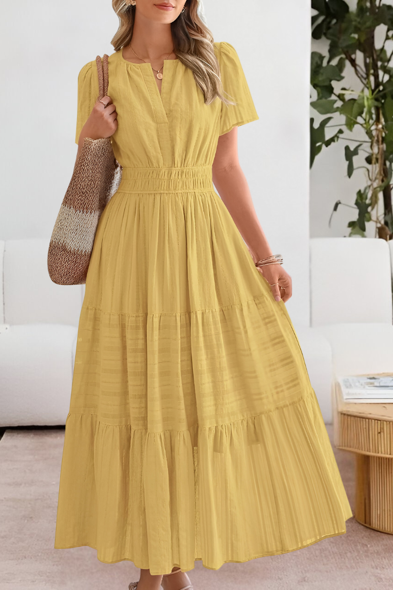 Elena – Vestido maxi con cintura fruncida y mangas cortas para mujer