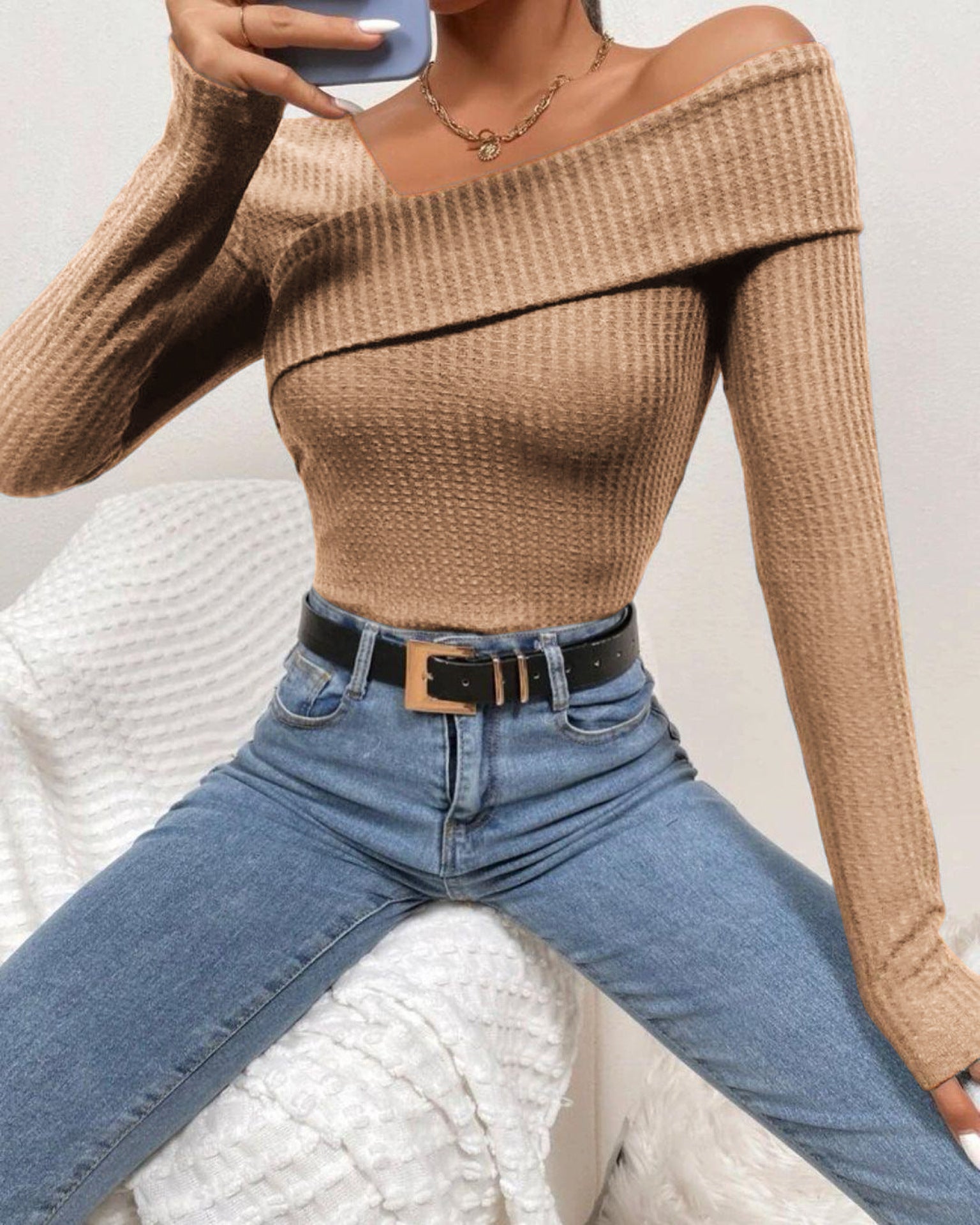 Laie - Blusa Enterizo Casual Manga Larga Unicolor de Punto Hombro Descubierto Primavera Verano Para Mujer