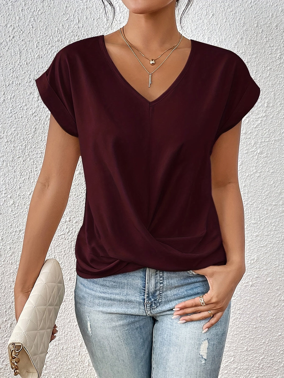 Blusa con escote en V y drapeado cruzado para mujer – NARELIA