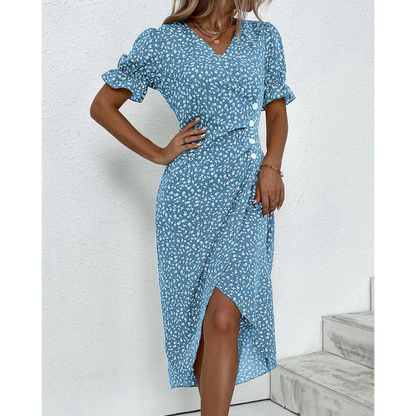 Vestido cruzado elegante con escote en V y lazo en la cintura – FLORELLA
