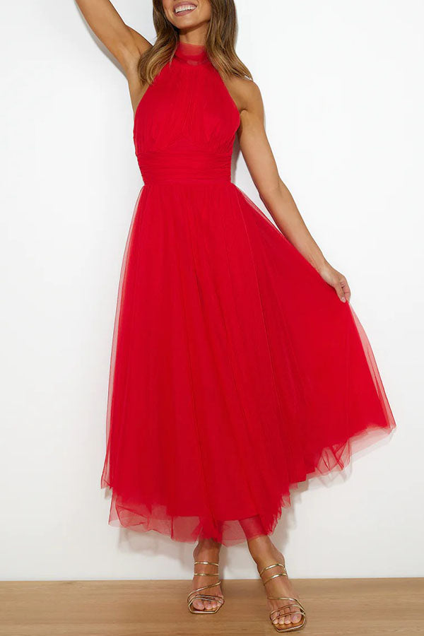 Vestido midi con escote halter y falda voluminosa – Lirenza