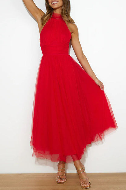 Vestido midi con escote halter y falda voluminosa – Lirenza