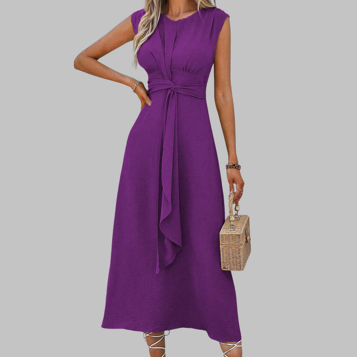 Evania – Vestido midi sin mangas con cinturón para mujer