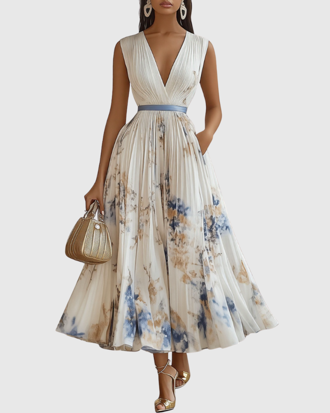 Rowella – Vestido maxi elegante plisado para mujer