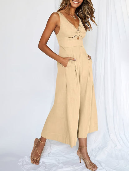 Mono elegante sin mangas con escote en V y pernera ancha – BRIGITTA