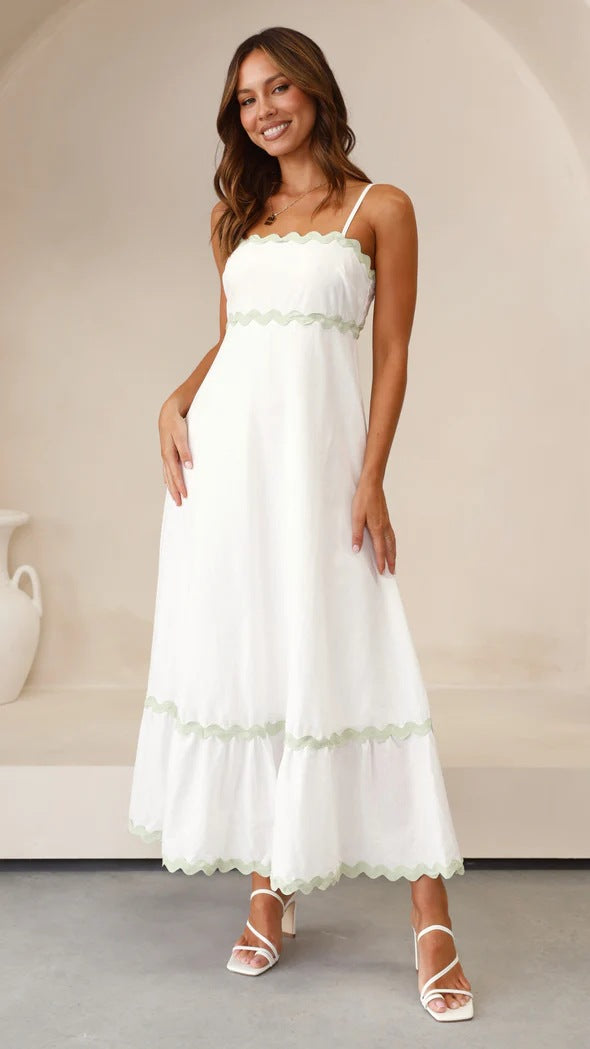 Mar - Vestido Largo de Tirantes Con Diseño de Ondas Color Combinado Playa Primavera Verano Para Mujer Blanco/Verde