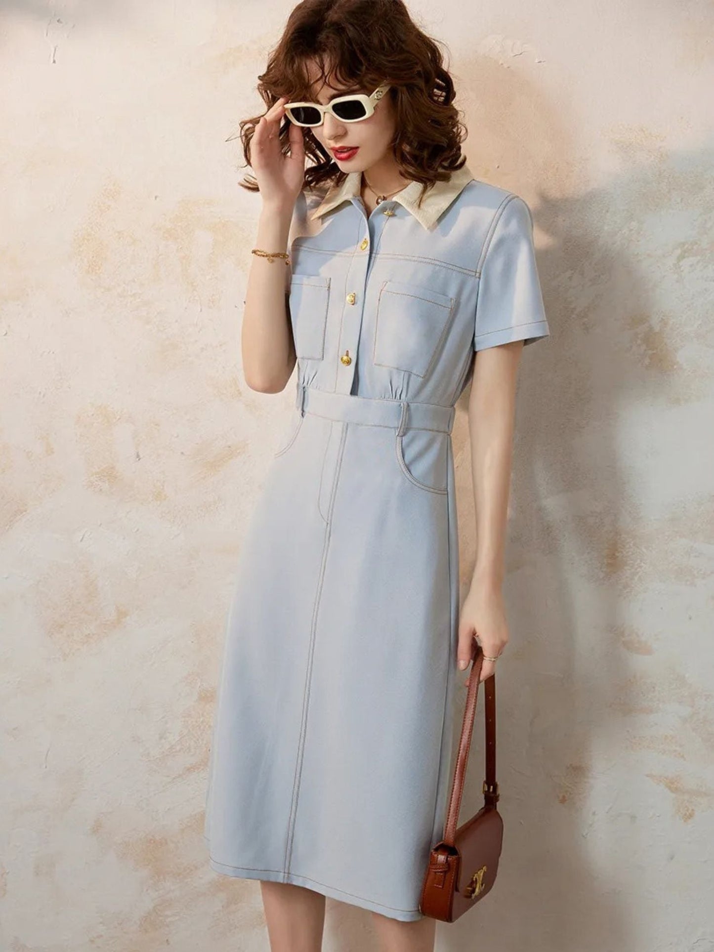 Vestido camisero de mujer con cintura marcada y manga corta – CASILDA
