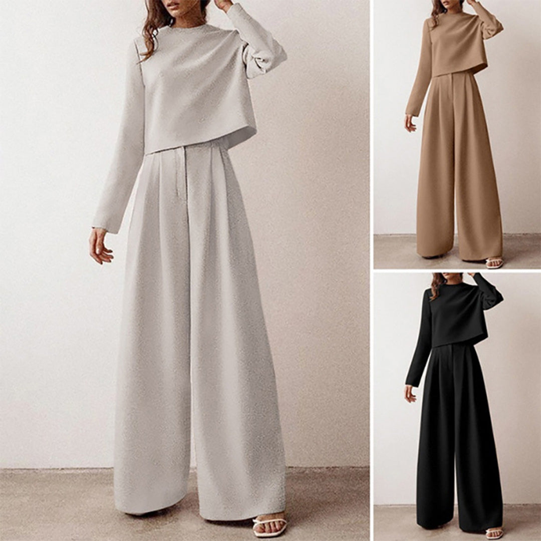 Conjunto elegante de dos piezas con top entallado y pantalón palazzo – CYRENA