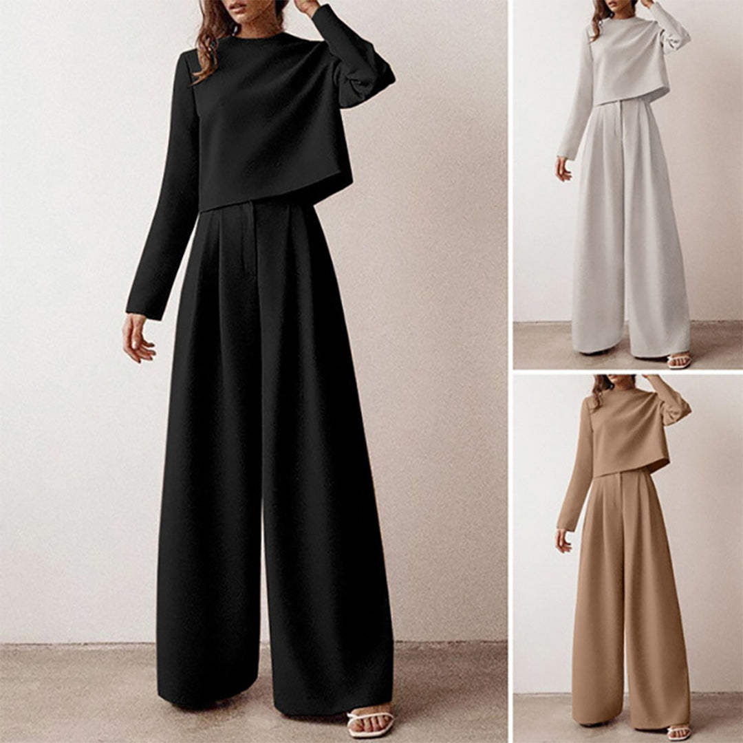 Conjunto elegante de dos piezas con top entallado y pantalón palazzo – CYRENA