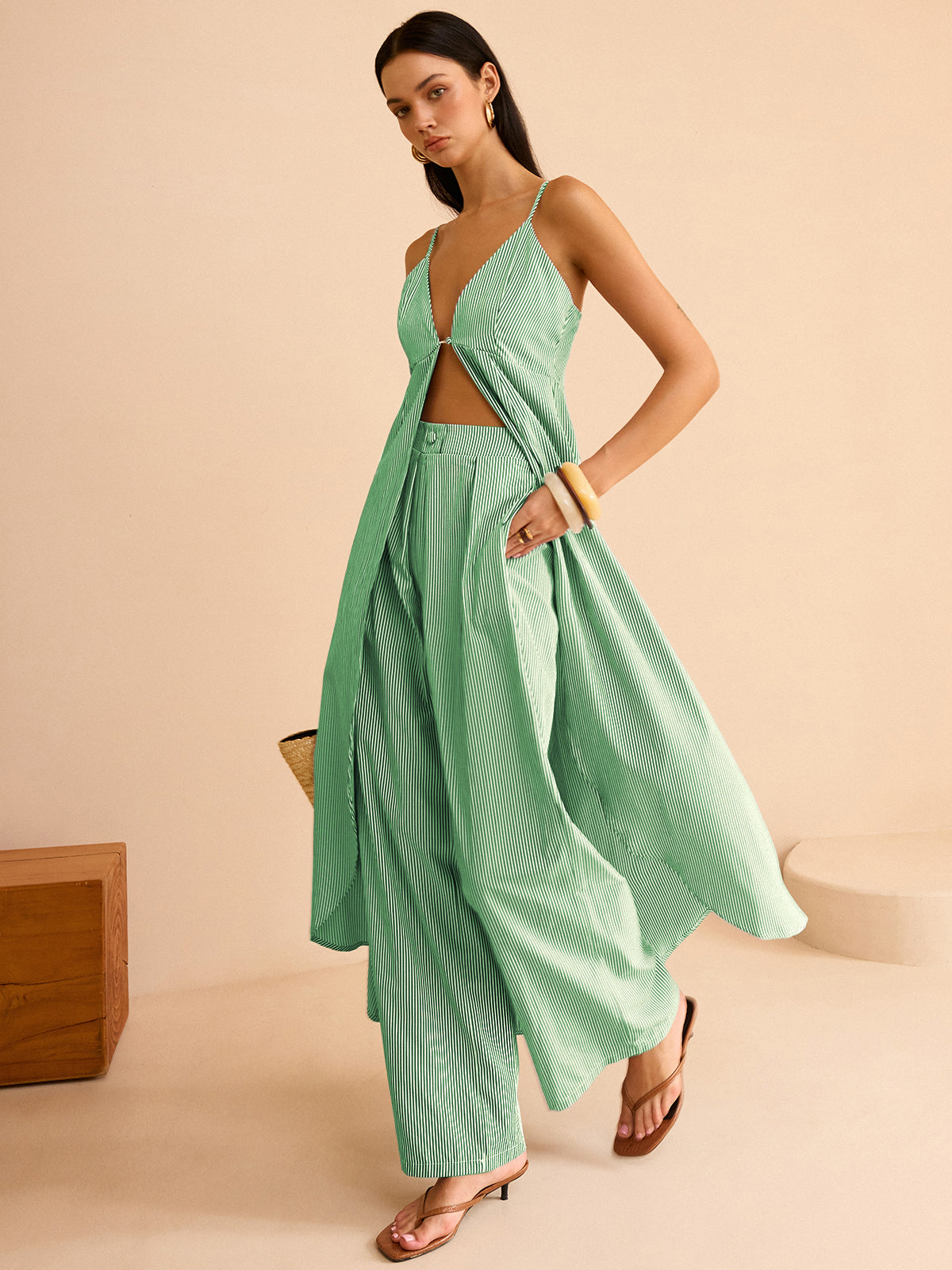 Conjunto de top camisón de rayas y pantalones de pierna ancha – LUMINA