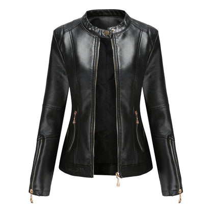 FENNA – Chaqueta de cuero elegante con cuello redondo y cierre de botones para mujer