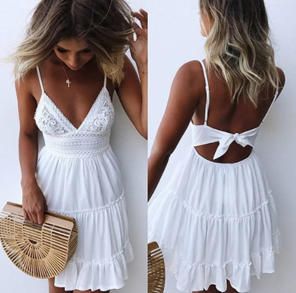 Amaia - Vestido Corto Veraniego de Tirantes de Playa Con Lazo en Espalda Primavera Verano Mujer 2024