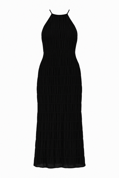 Vestido largo de mujer con cuello halter y pliegues – JOAQUINA