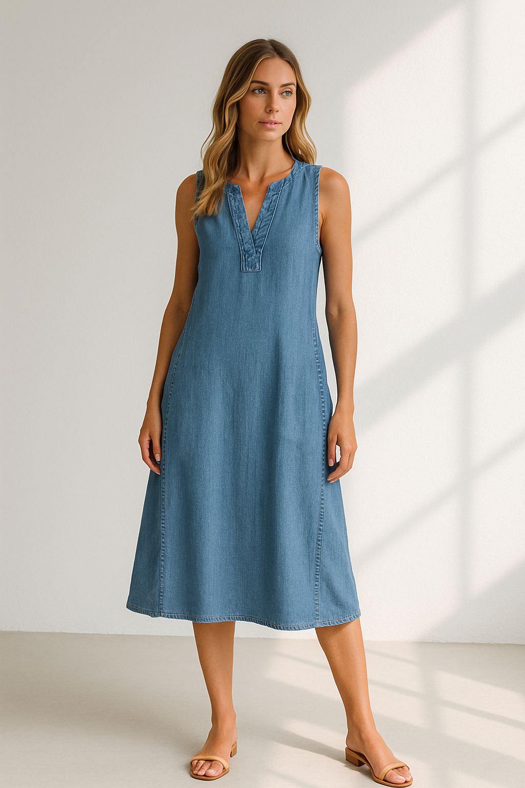 Naisha – Vestido sin mangas de línea A con escote en V para mujer