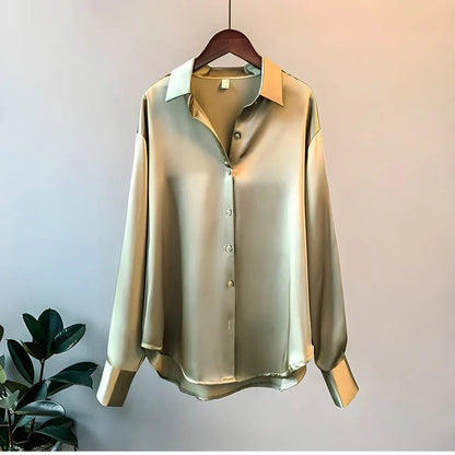ADDIANE – Blusa de seda sintética para mujer con manga larga y acabado elegante