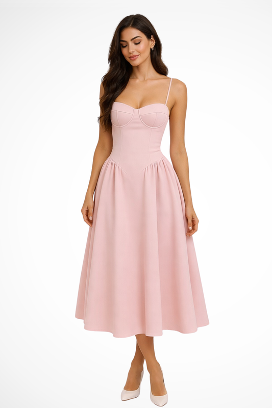 AURÉLIE – Vestido midi de invitada con cuerpo tipo corsé y falda línea A