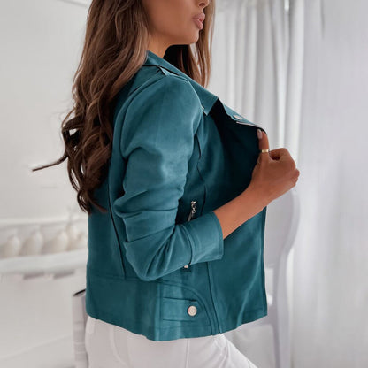 ISLA - Chaqueta moderna con botones y corte en ante vegano para mujer