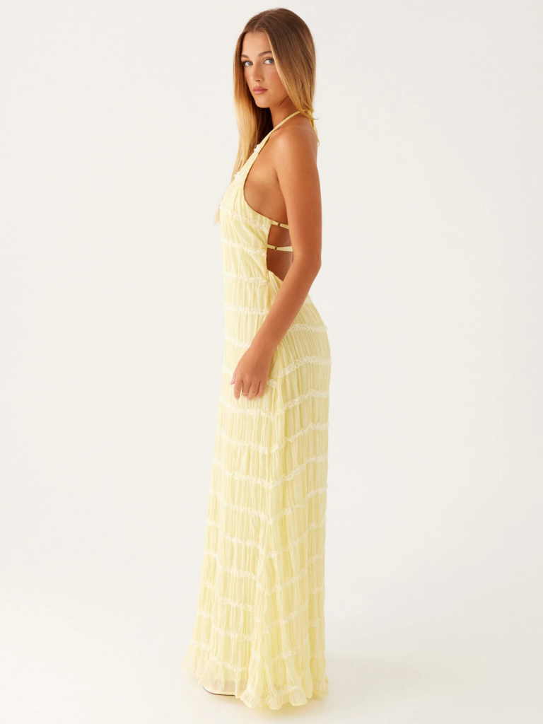 Vestido largo de mujer con cuello halter y pliegues – JOAQUINA