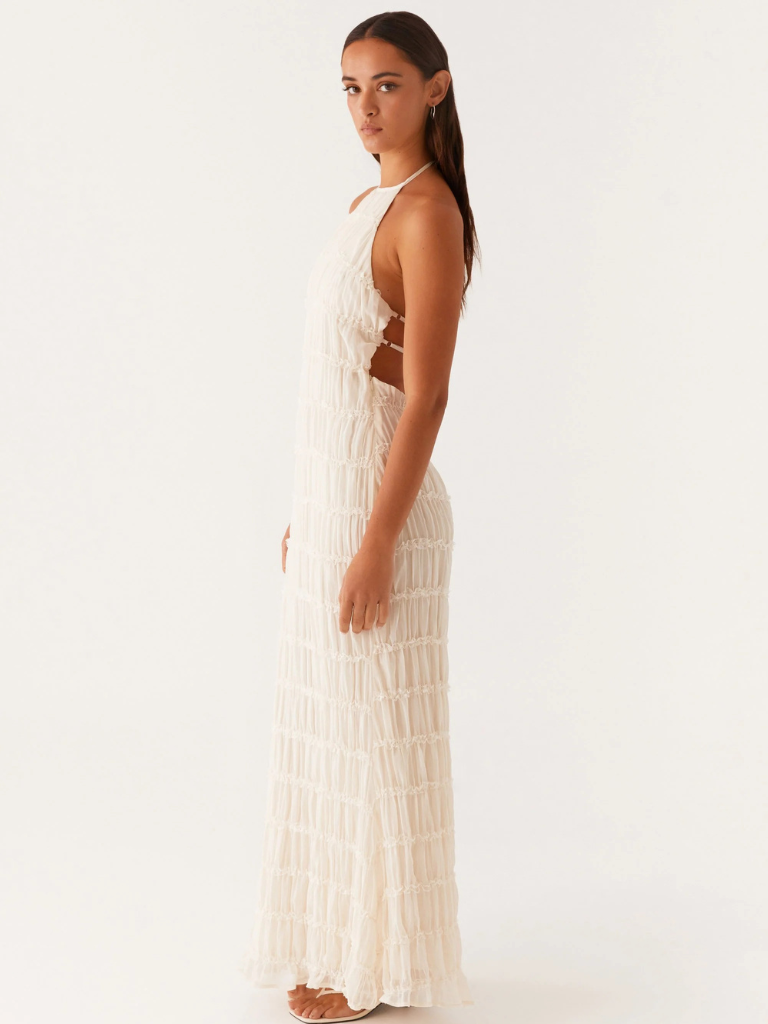 Vestido largo de mujer con cuello halter y pliegues – JOAQUINA