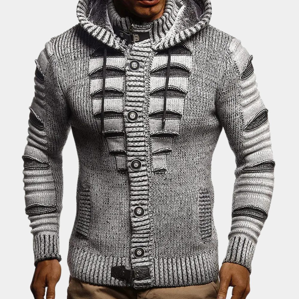 HUGGO - Sudadera de punto con capucha y botones para hombre