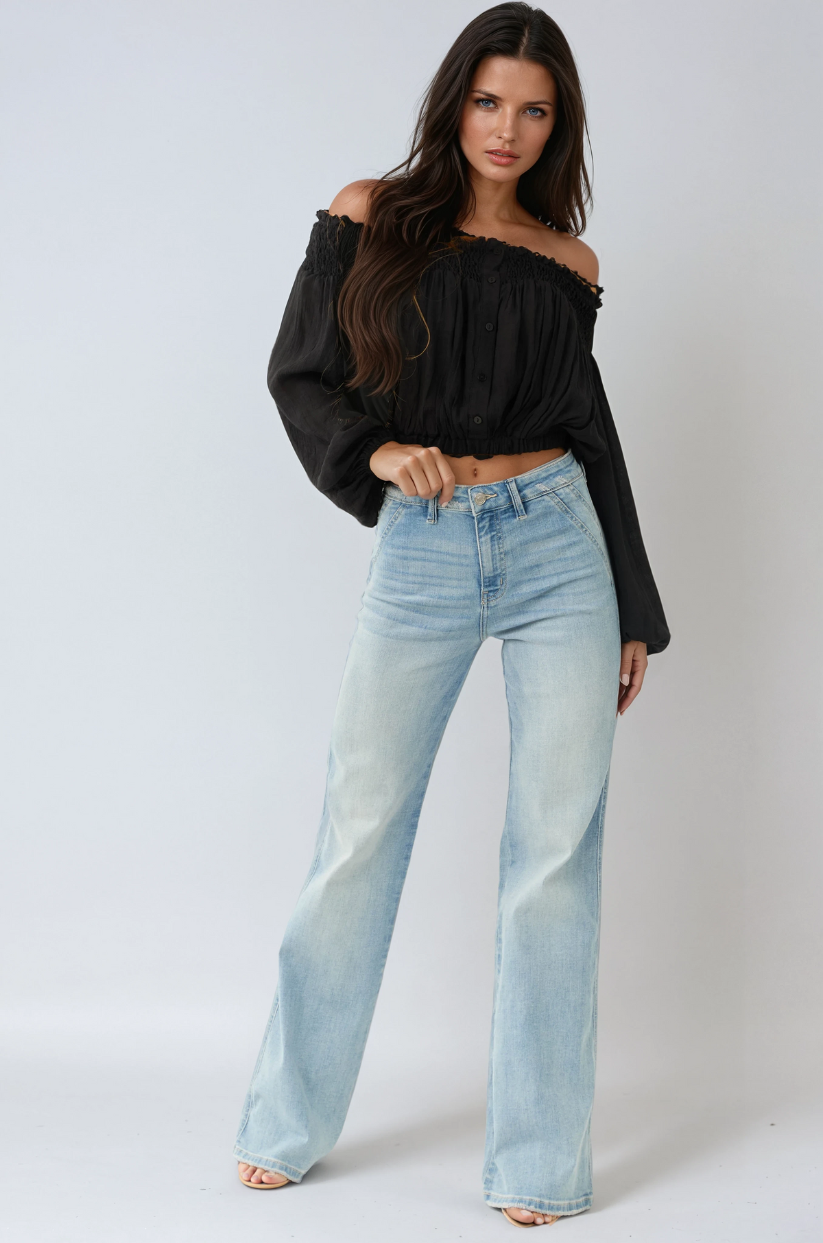 ELARÉA – Vaquero de campana para mujer en denim azul claro