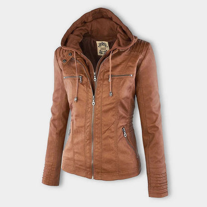 Chaqueta impermeable de imitación cuero para mujer con capucha – LEYRA
