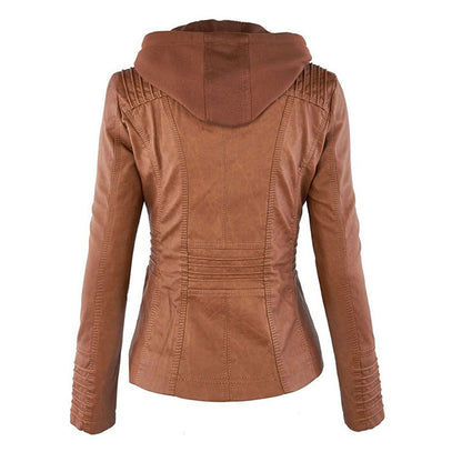 Chaqueta impermeable de imitación cuero para mujer con capucha – LEYRA