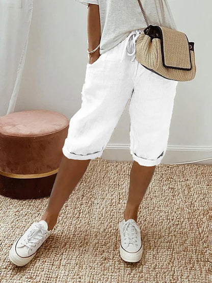 Pantalón de algodón y lino con cintura elástica y bolsillos – EMELYN