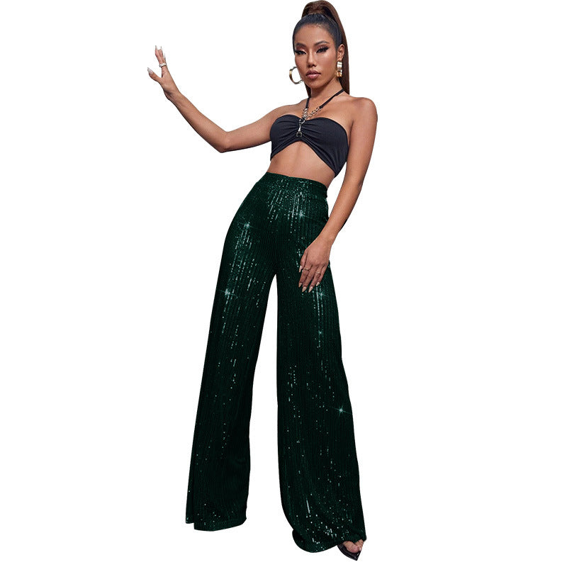 Pantalón de lentejuelas con talle alto y pierna ancha – DAHLIA