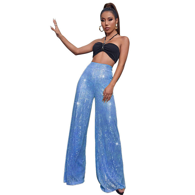 Pantalón de lentejuelas con talle alto y pierna ancha – DAHLIA