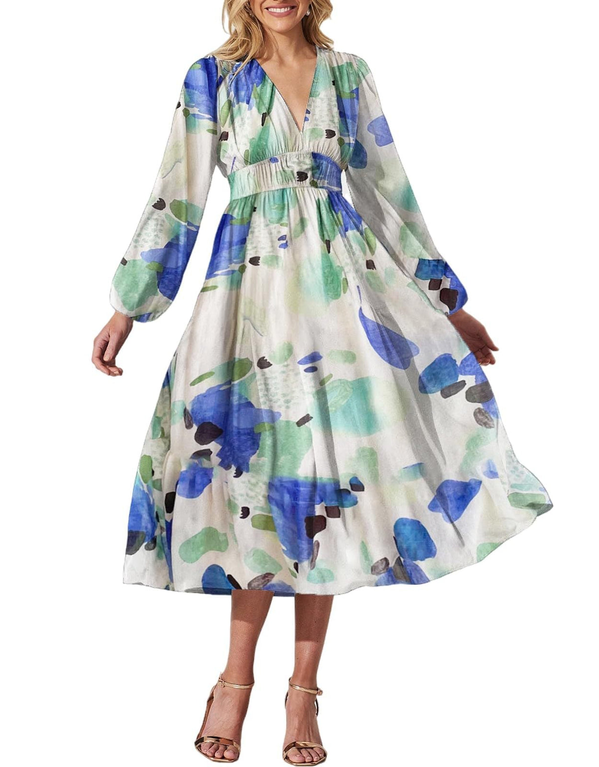 Vestido midi floral con vuelo romántico y escote cruzado – AMARELLA