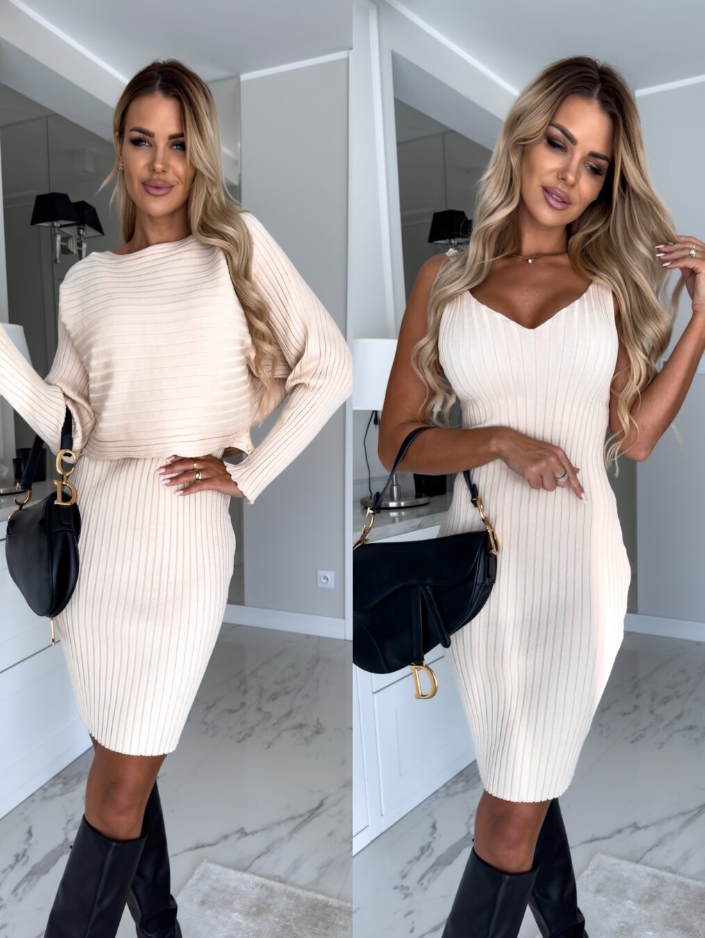 Micaela - Conjunto de Vestido Midi y Top Corto Manga Larga de Punto Acanalado Ajustado Primavera Verano Para Mujer Beige