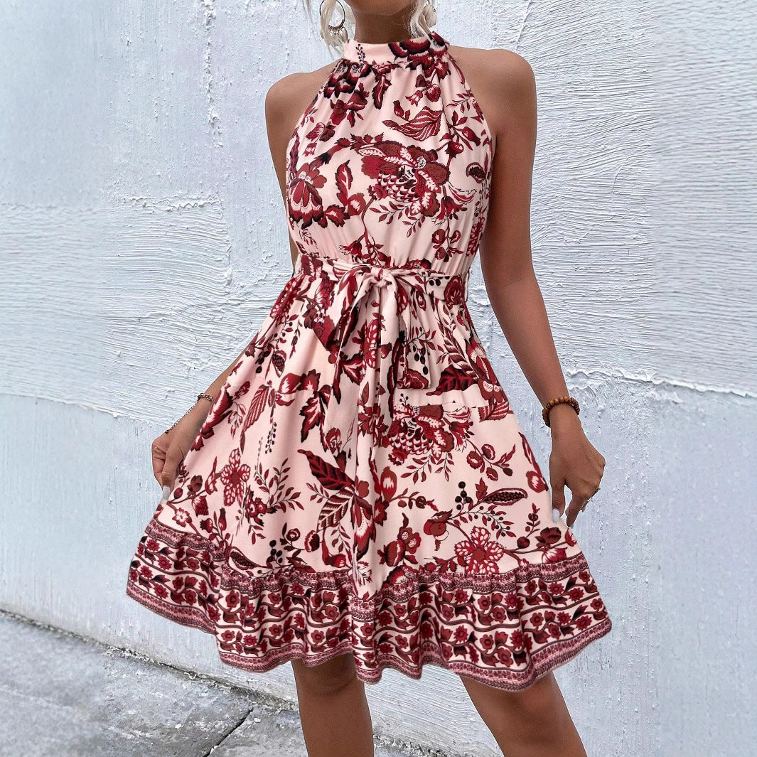 LOUNA – Vestido midi para mujer con cuello halter y cinturón