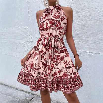 LOUNA – Vestido midi para mujer con cuello halter y cinturón