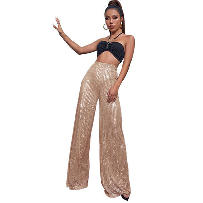 Pantalón de lentejuelas con talle alto y pierna ancha – DAHLIA