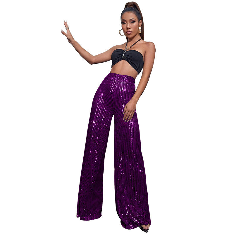 Pantalón de lentejuelas con talle alto y pierna ancha – DAHLIA