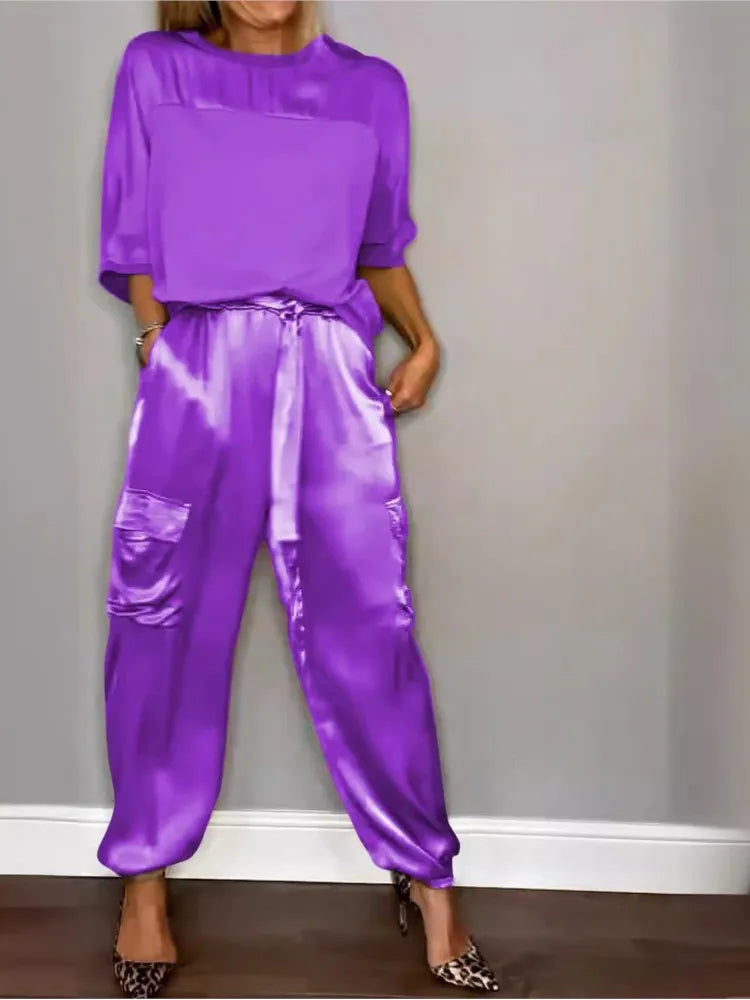 Conjunto satinado de dos piezas para mujer con top suelto y pantalón cargo – KALIA