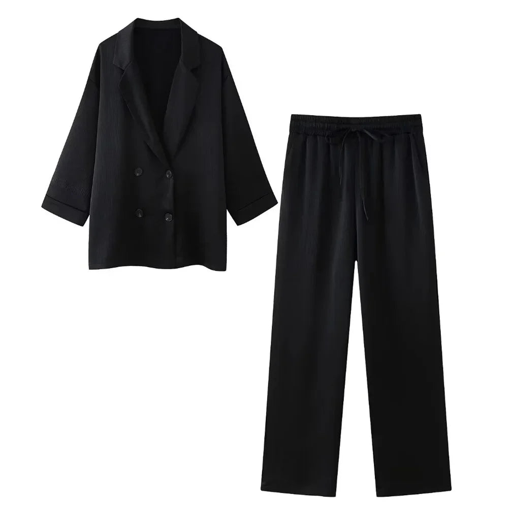 Conjunto elegante de blazer cruzada y pantalón palazzo para mujer – VÉRONIQUE