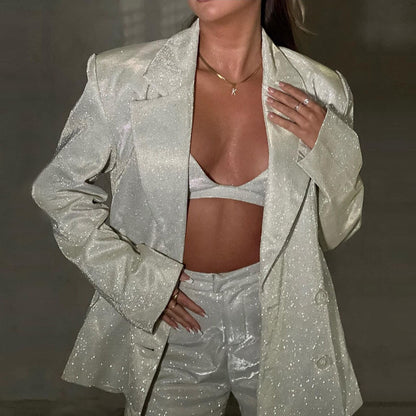 Conjunto de blazer oversize con top y pantalón brillante – LUNARIA