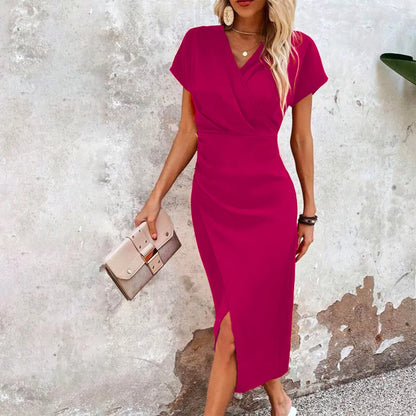 Aurora – Vestido midi cruzado con mangas cortas y abertura para mujer
