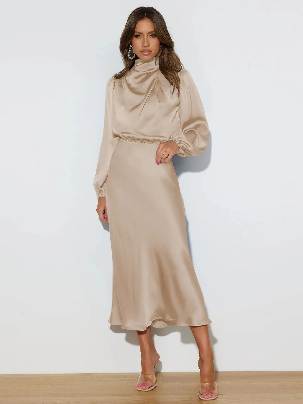 Vestido midi con cuello alto y mangas largas para mujer – VERIE